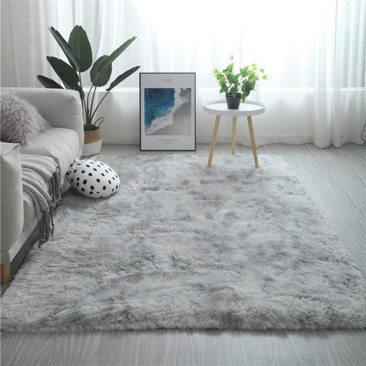 Hochflor Teppich Grau Weiß 200x200 cm Flauschig Weich