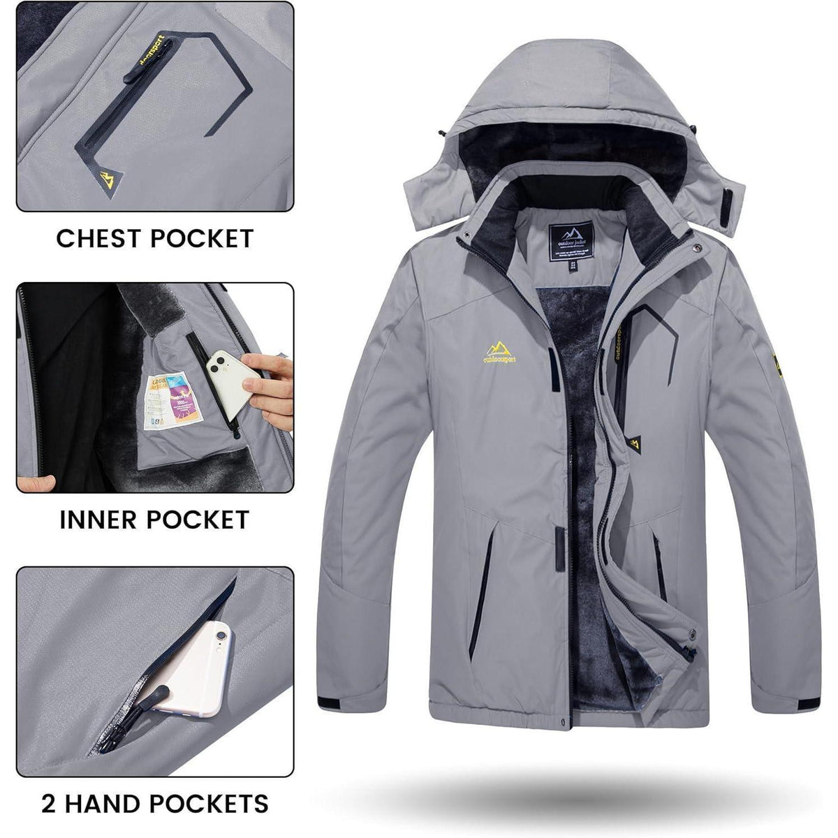 Herren Winterjacke wasserdicht warm gefüttert mit Kapuze XL Hellgrau