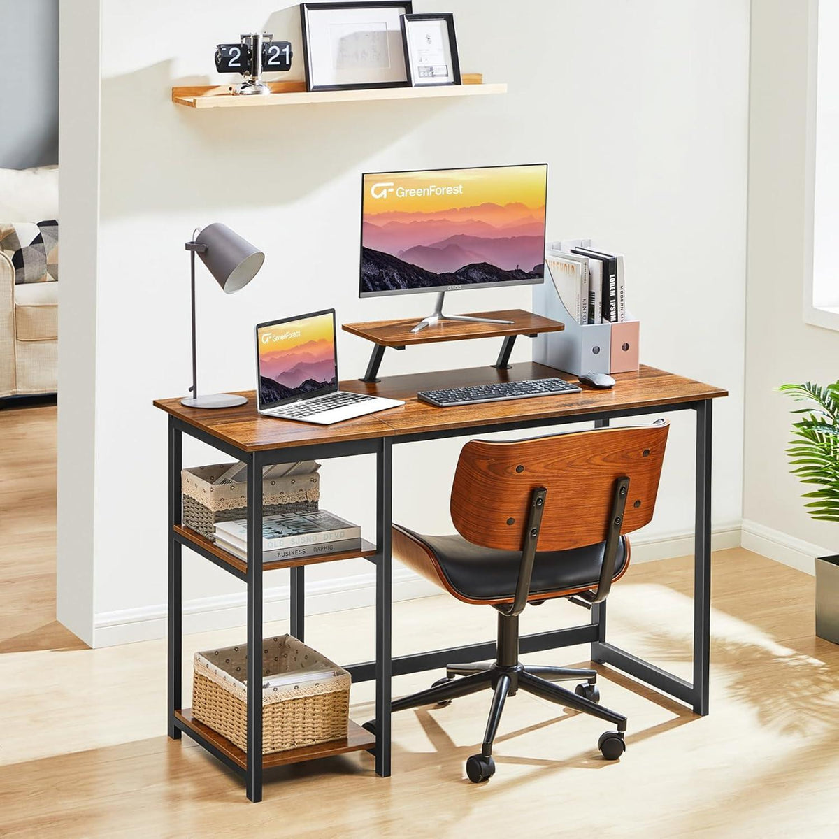Kleiner Schreibtisch 100cm mit Stauraum und Monitorständer Walnuss