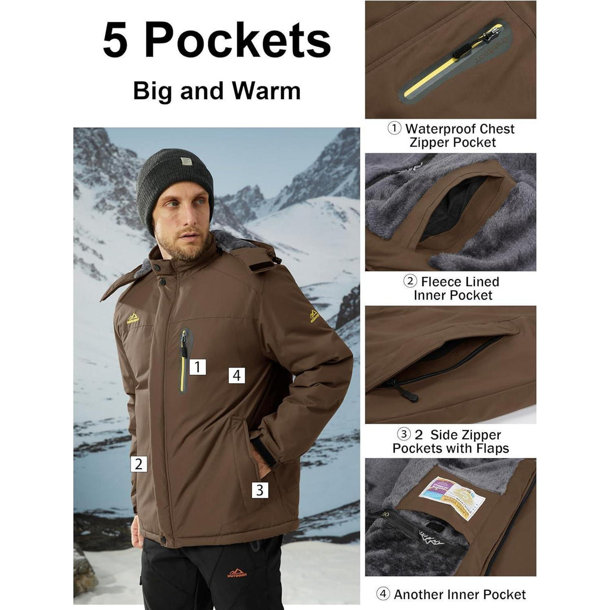 Herren Winterjacke warm gefüttert winddicht wasserdicht mit Kapuze