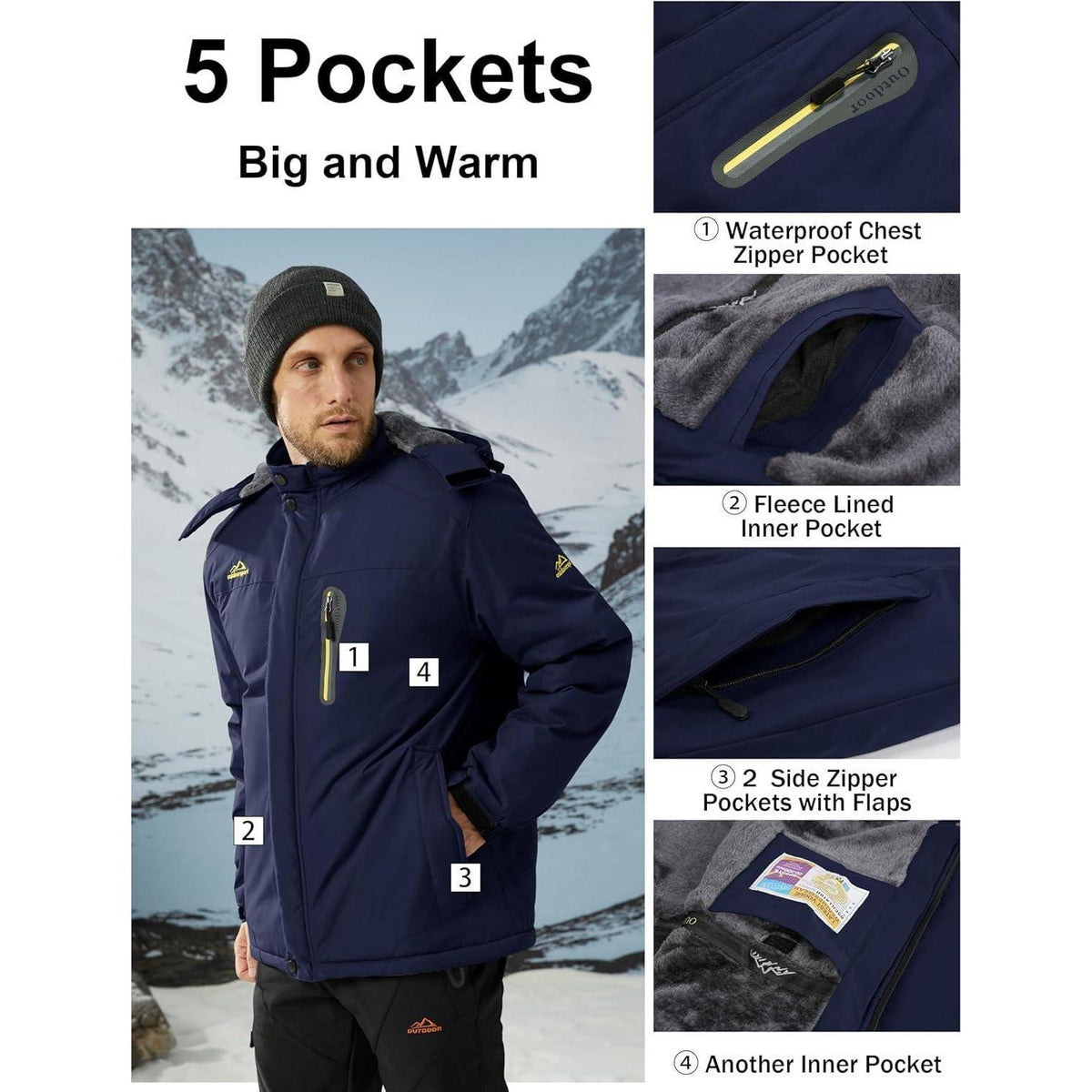 Herren Fleecejacke Winter Warm Gefüttert Winddicht Wasserdicht Dunkelblau S