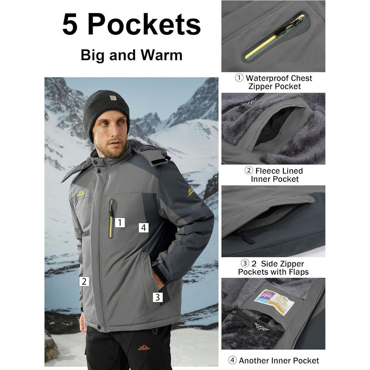 Herren Fleecejacke Winter Warm Gefüttert Winddicht Wasserdicht Jacke Grau L