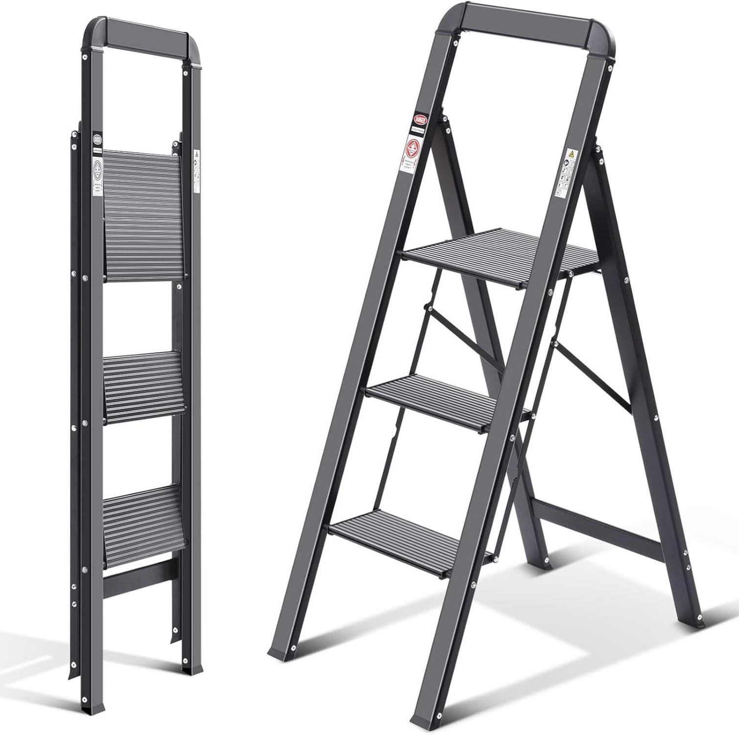 Klappbare Aluminium Stufenleiter mit Handlauf - Schwarz