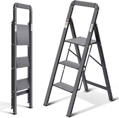 Klappbare Aluminium Stufenleiter mit Handlauf - Schwarz