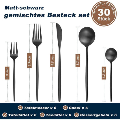 Besteckset 30 Teile für 6 Personen, Edelstahl Schwarz Matt, Spülmaschinenfest