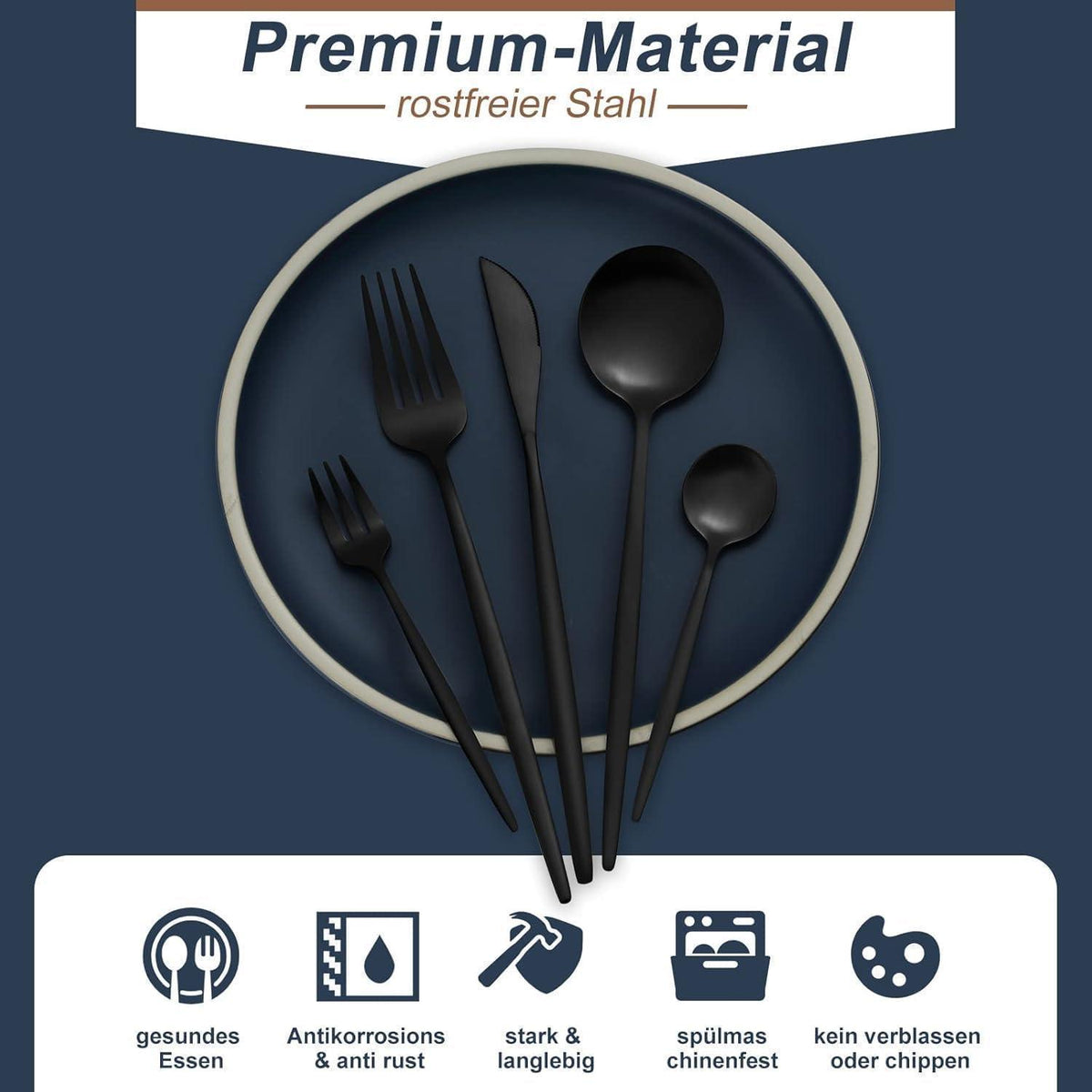 Besteckset 30 Teile für 6 Personen, Edelstahl Schwarz Matt, Spülmaschinenfest
