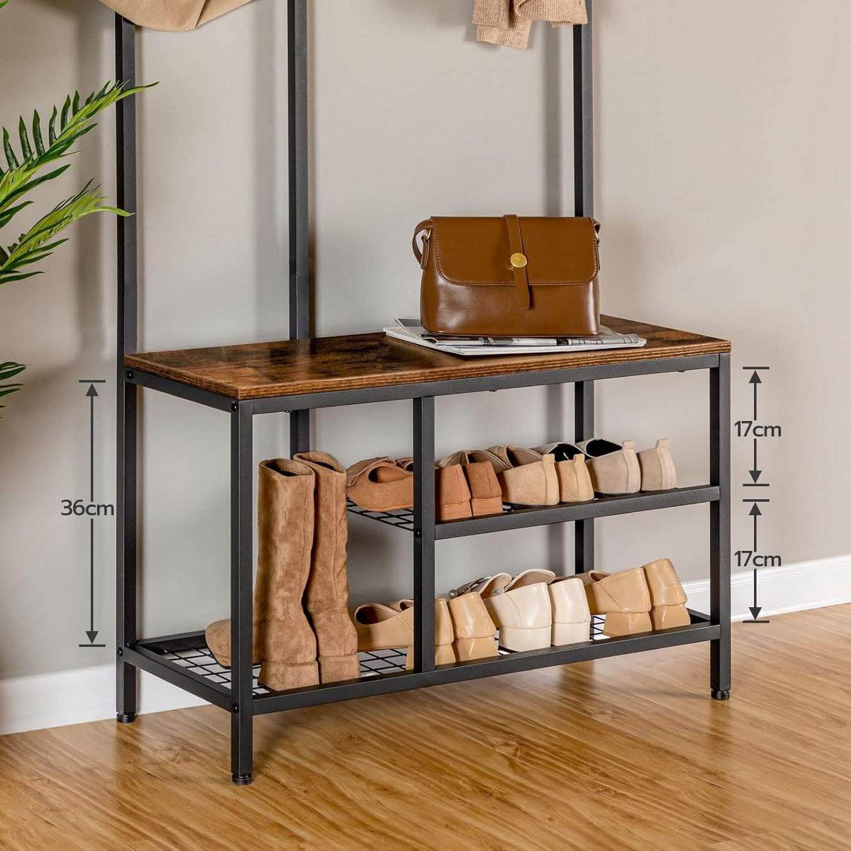 Garderobenständer mit 6 Taschen & 9 Haken, Schuhbank & Sitzfläche