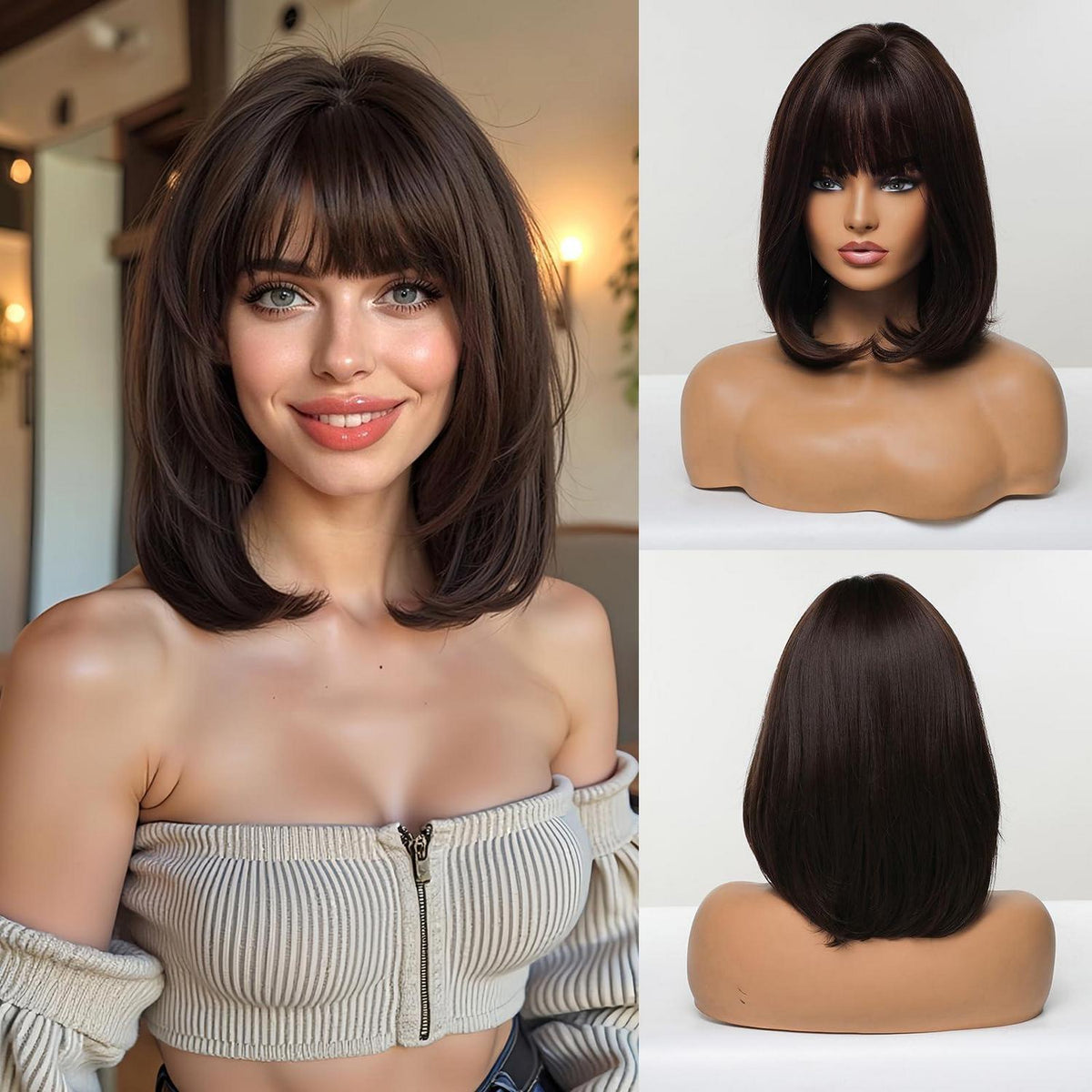 Dunkelbraune Bob Perücke mit Pony – 14 Zoll Synthetikhaar