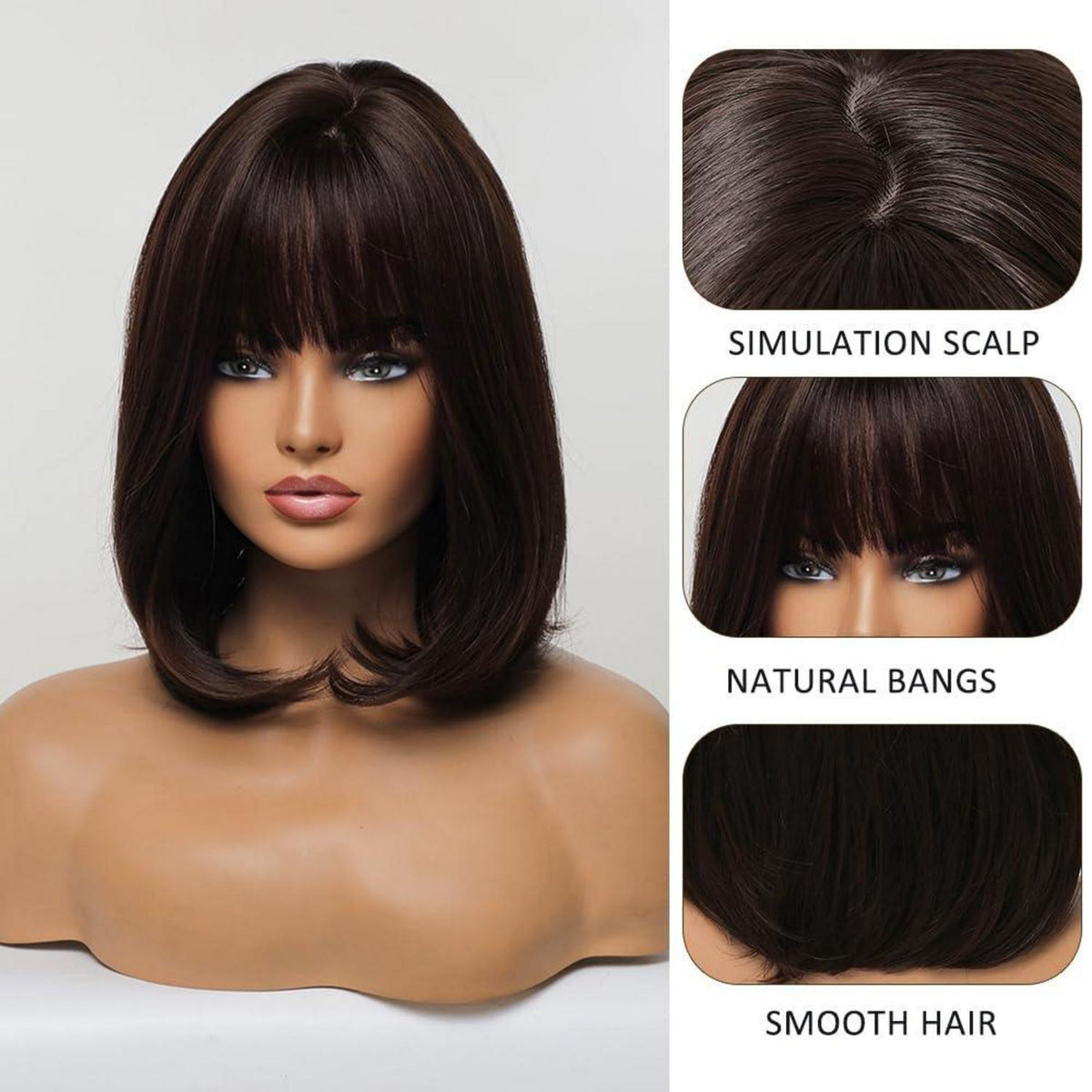 Dunkelbraune Bob Perücke mit Pony – 14 Zoll Synthetikhaar
