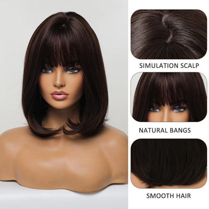 Dunkelbraune Bob Perücke mit Pony – 14 Zoll Synthetikhaar