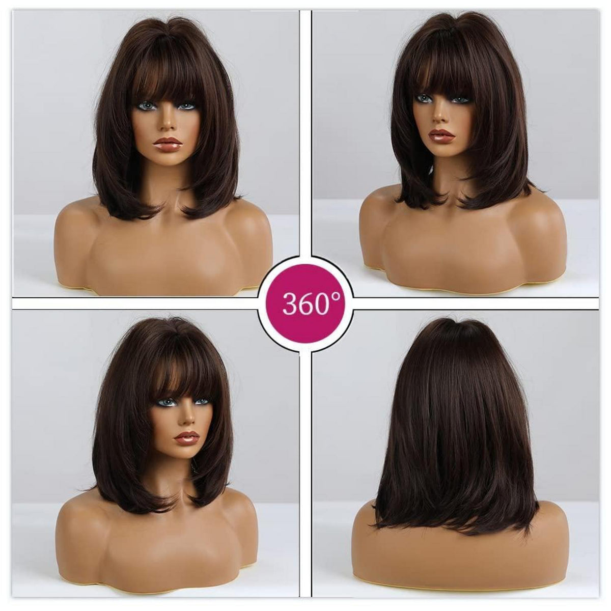 Dunkelbraune Bob Perücke mit Pony – 14 Zoll Synthetikhaar