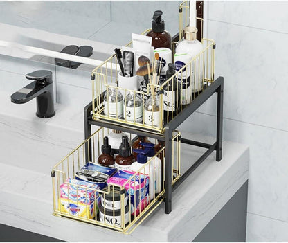 YunNasi Küchenregal Regal mit ausziehbaren Körben und Schublade – SchwarzGold
