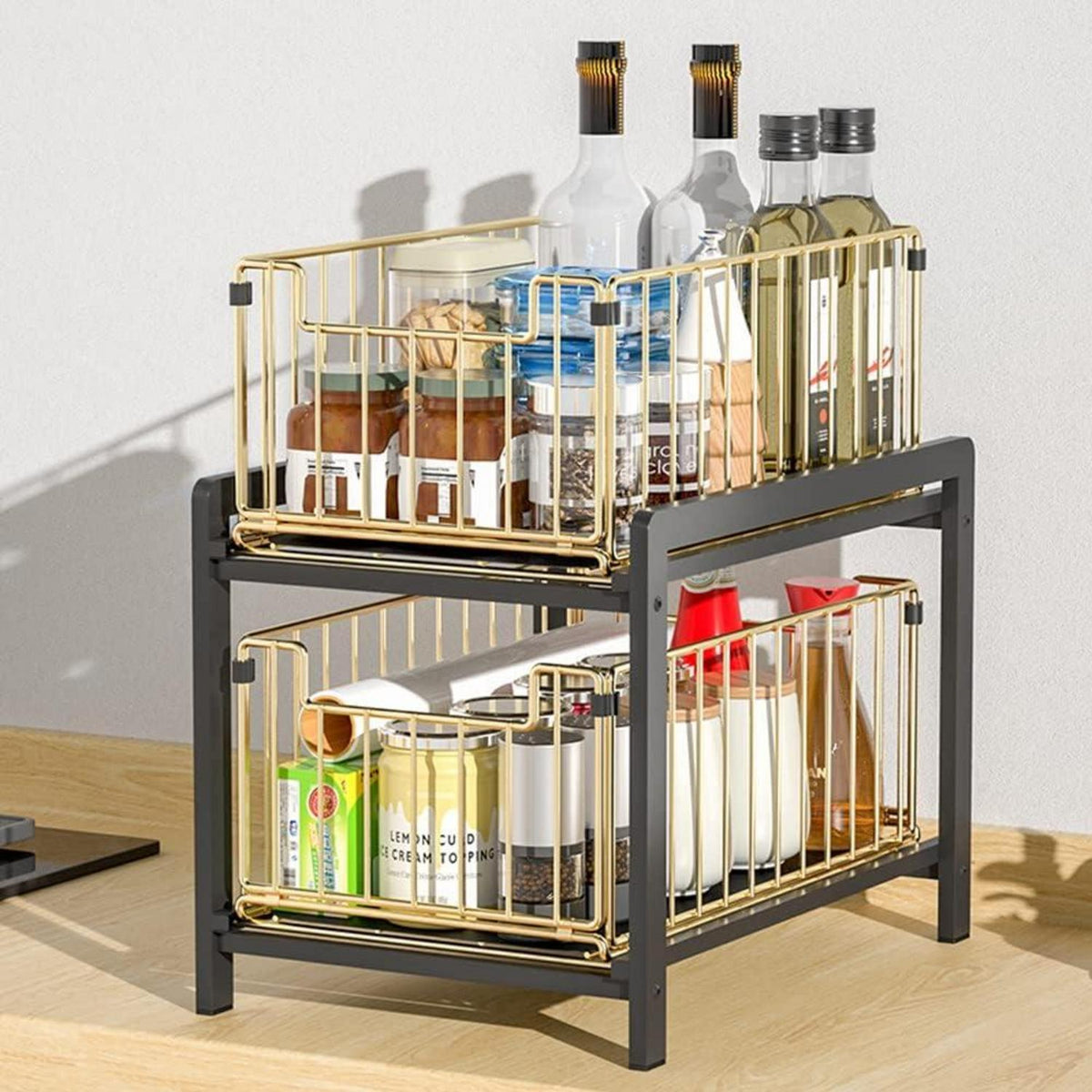 YunNasi Küchenregal Regal mit ausziehbaren Körben und Schublade – SchwarzGold