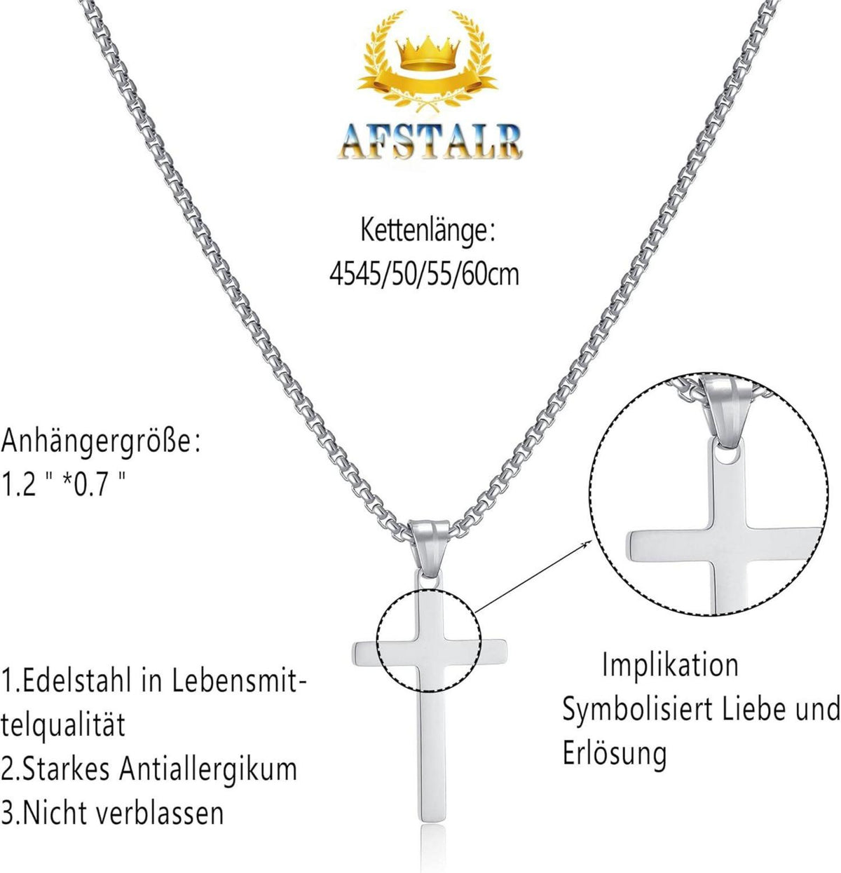 AFSTALR Herren Kreuz Kette Edelstahl Silber Anhänger Christentum Schmuck 50cm