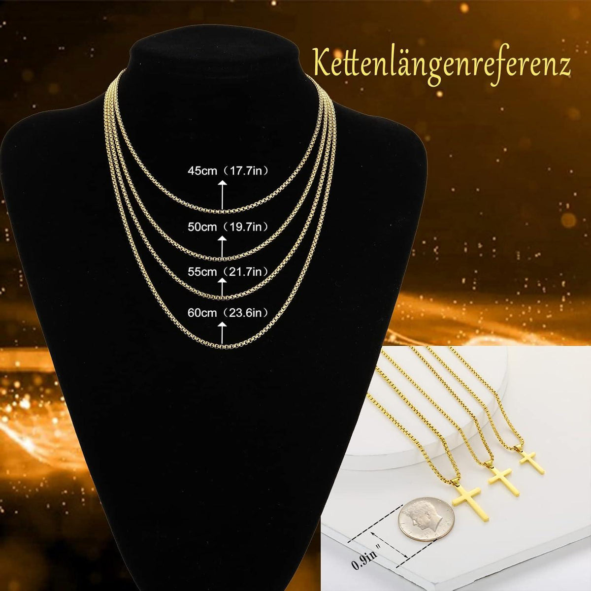 AFSTALR Edelstahl Kreuz Kette Herren Gold 45cm Halskette Christentum Schmuck