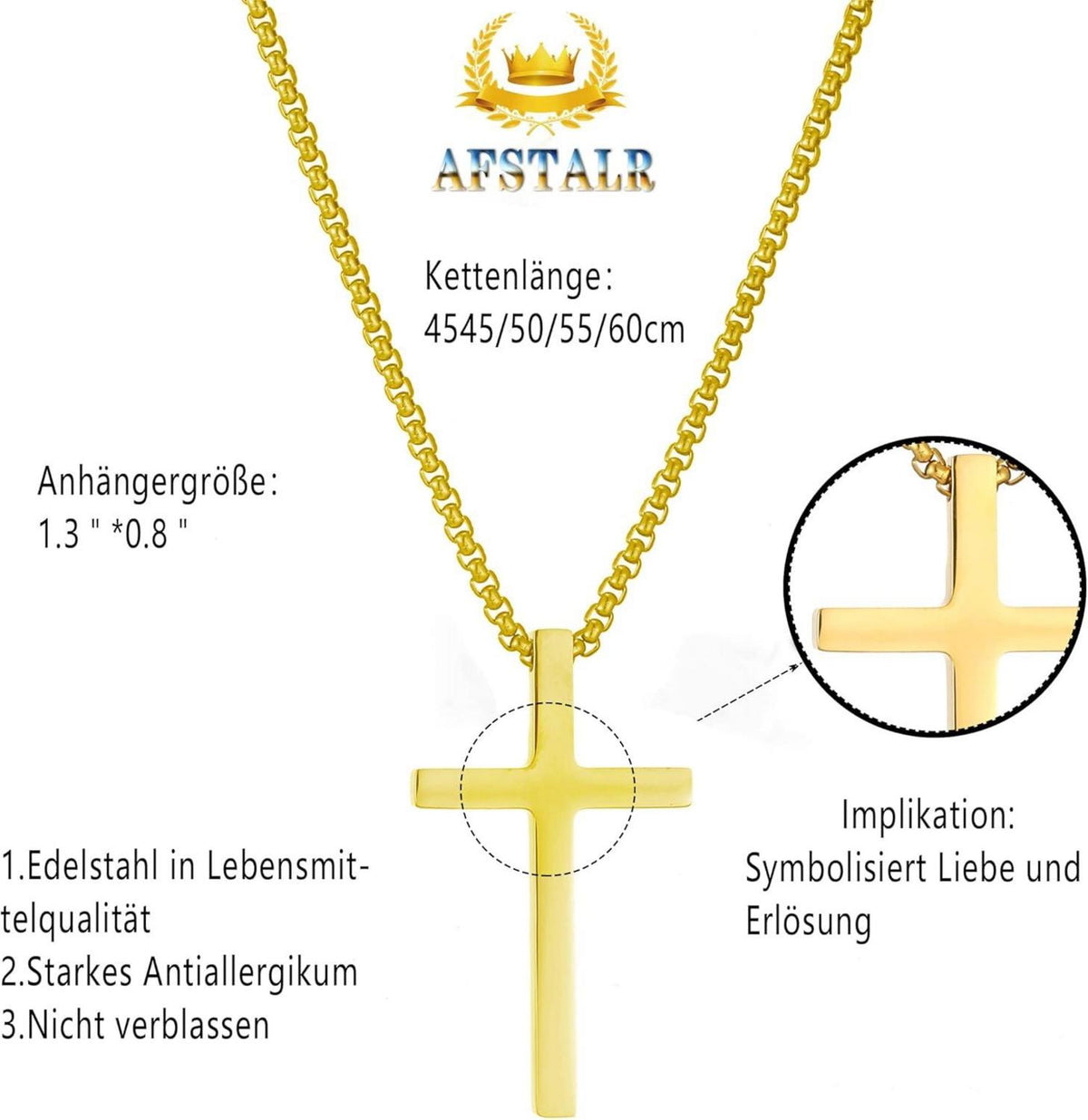 AFSTALR Gold Kreuz Kette Herren Halskette Religiös Schmuck 55cm
