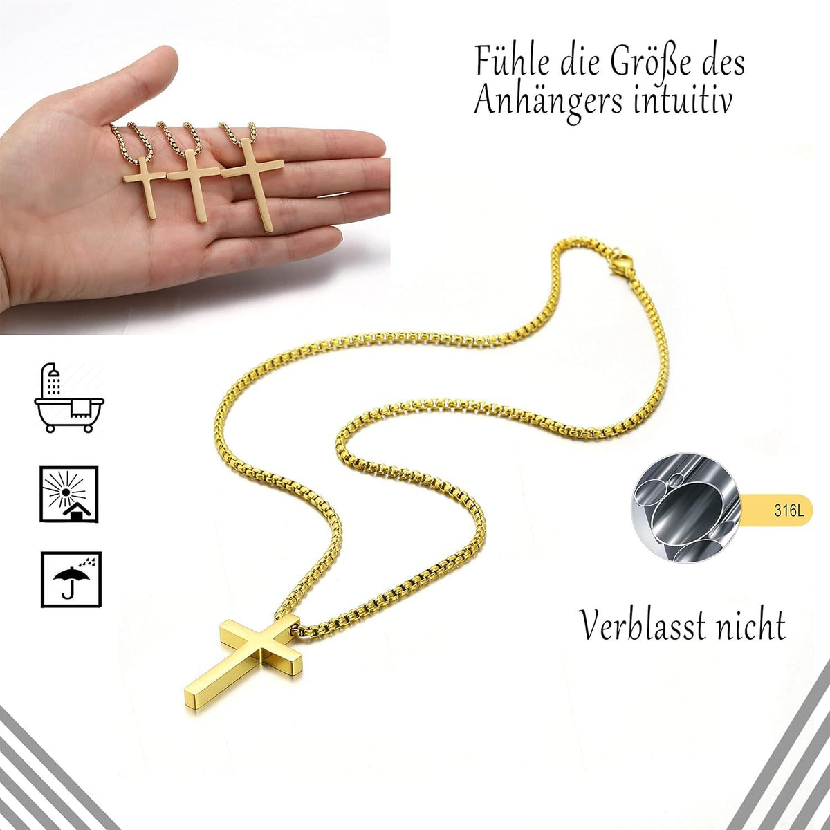 Goldene Kreuzkette Herren Halskette Religiöser Schmuck 50cm