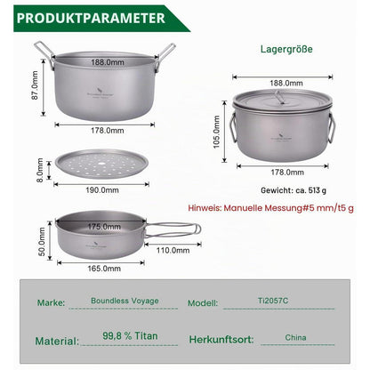 Titan Kochtopf Set – Leichtes Camping Kochgeschirr mit Deckel