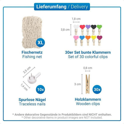 Foto Netz Wanddeko XL mit Holzklammern & Nägeln