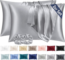 Satin Kissenbezug 40x80 Grau 2er Set mit Haargummis