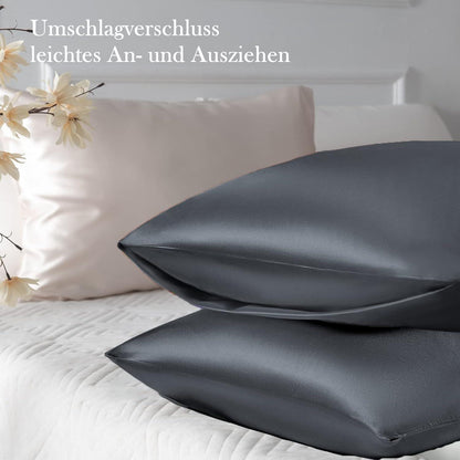 Satin Kissenbezug Dunkelgrau Set 40x80 mit Haargummis