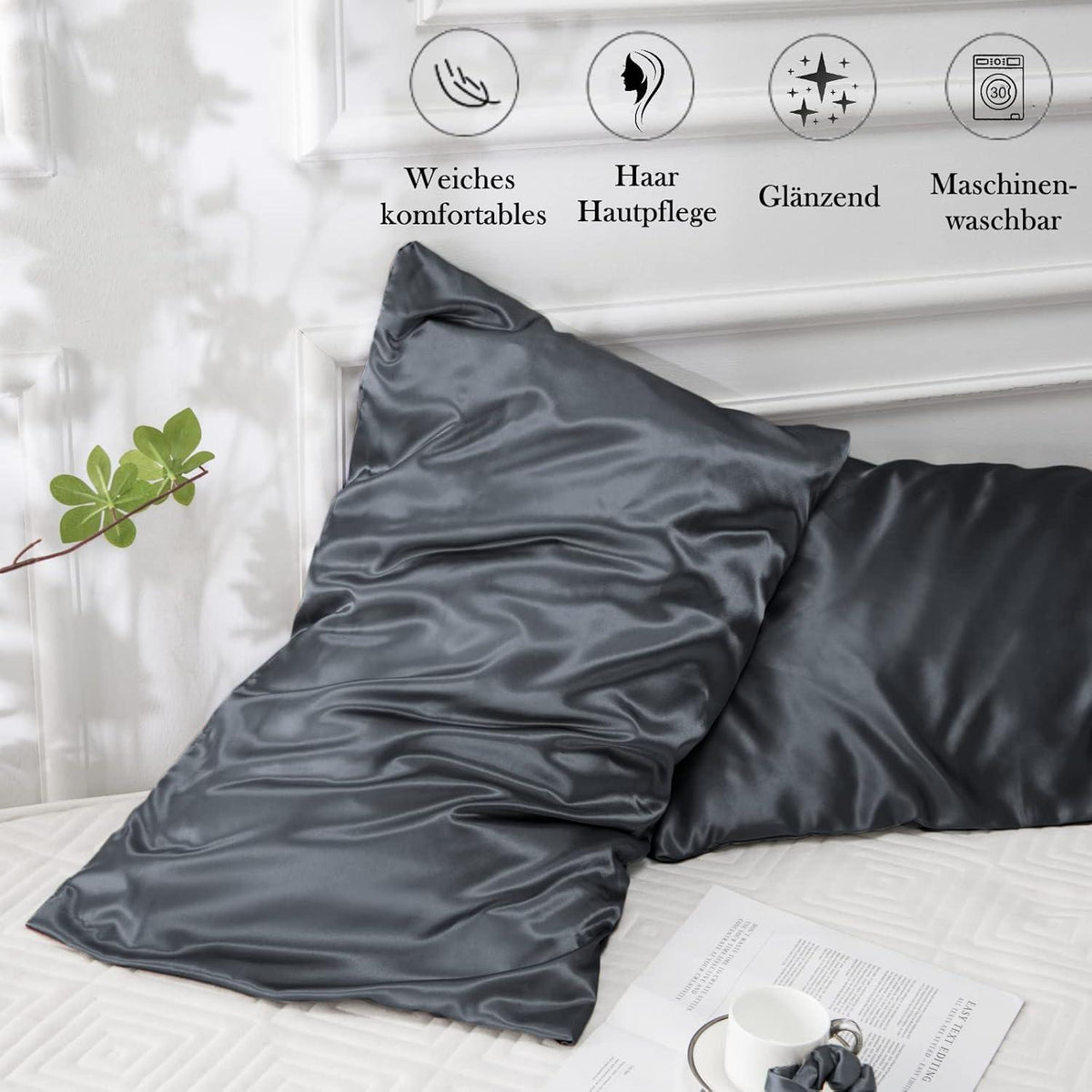Satin Kissenbezug 40x80 Dunkelgrau 2er Set Haargummis, Pflege für Haar & Haut