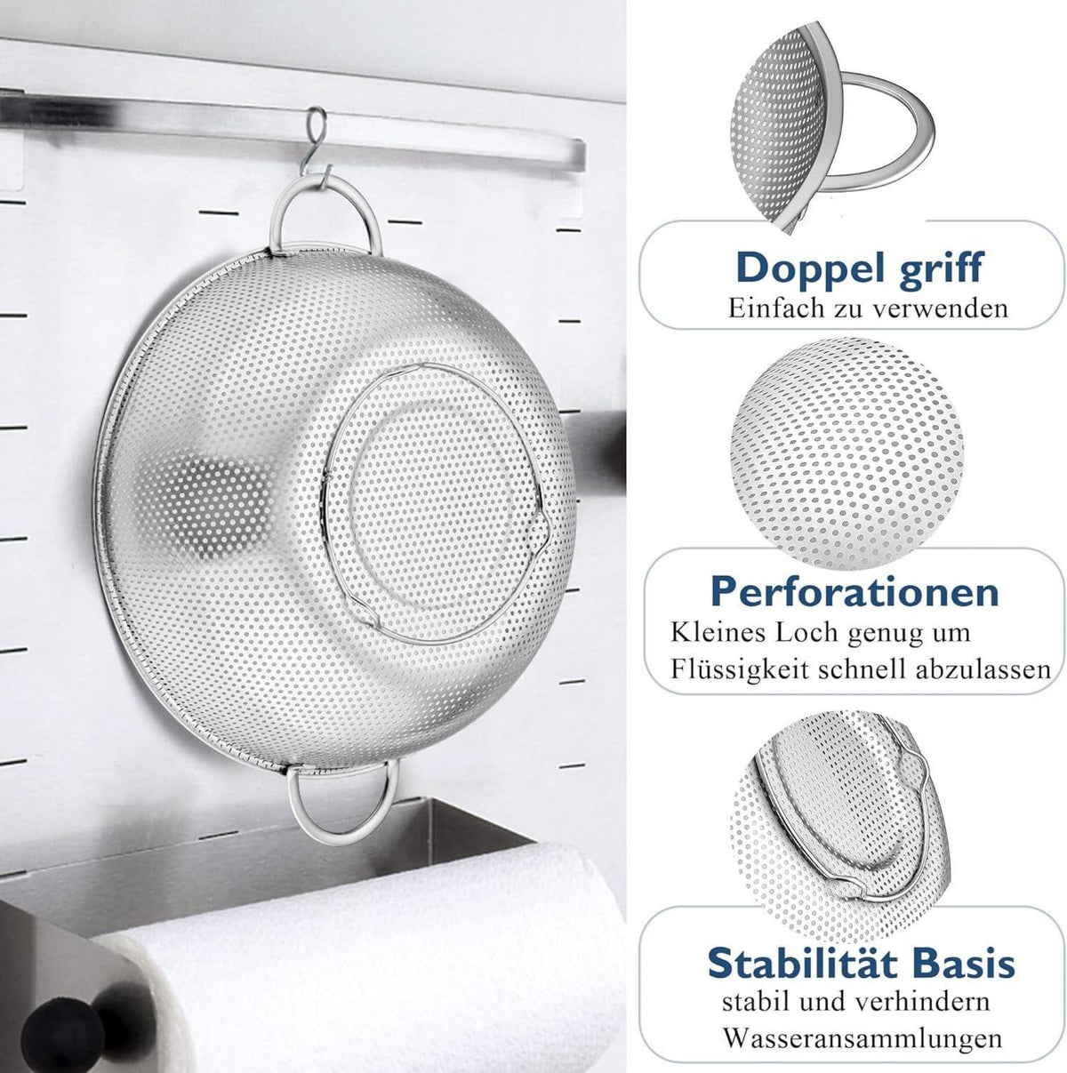 Edelstahl Küchensieb Set Mikroperforiert 3er 16/22/28cm