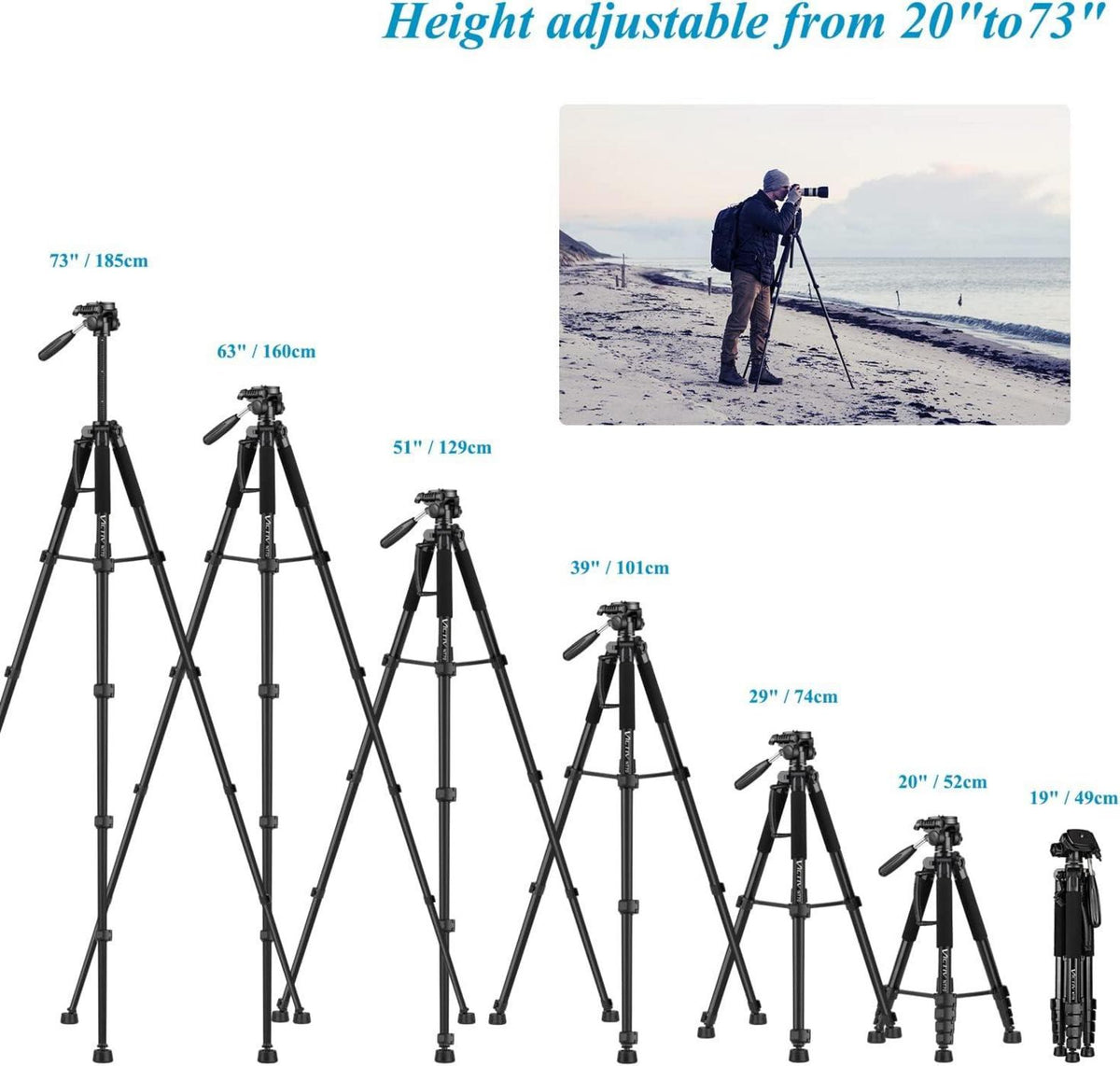 Kamera Stativ 52-185cm, leichtes Tripod mit 3-Wege-Kopf, Aluminium