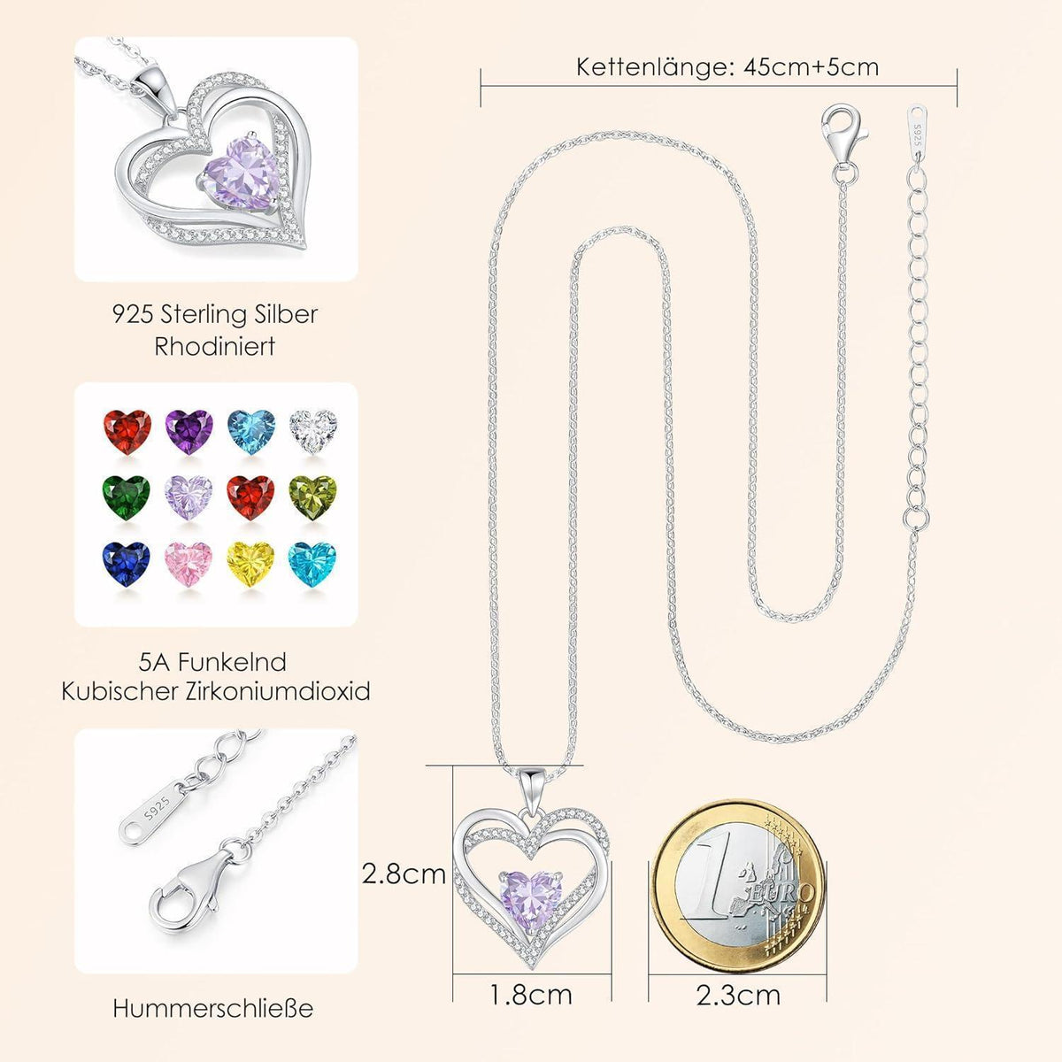 Damen Halskette Herz mit Geburtsstein 925 Sterling Silber