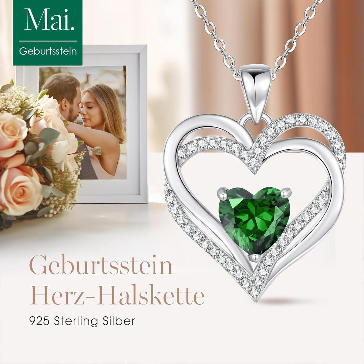 Herz Kette Damen 925 Sterling Silber Geburtsstein Mai