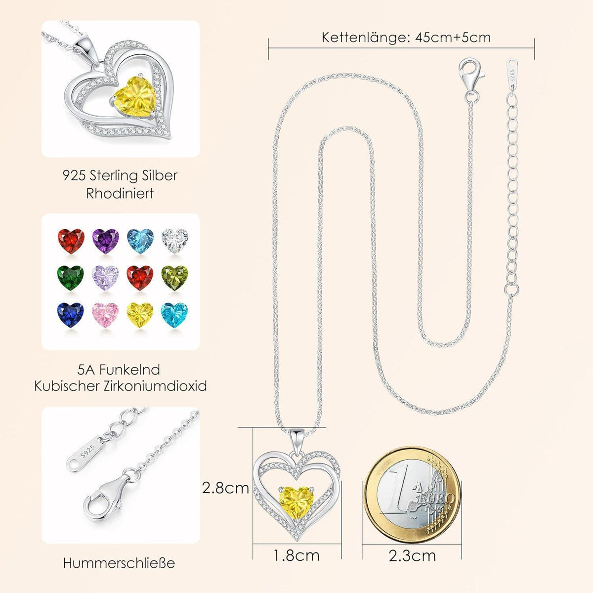 Herz Halskette Sterling Silber mit Geburtsstein – Geschenk für Frauen