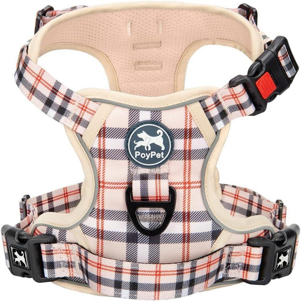 PoyPet Kein Zieh-Hundegeschirr mit Griff, Kariert Beige XL