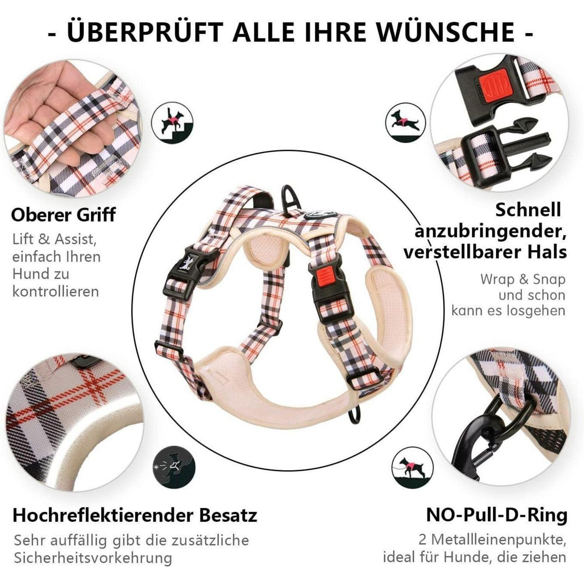 PoyPet Kein Zieh-Hundegeschirr mit Griff, Kariert Beige XL