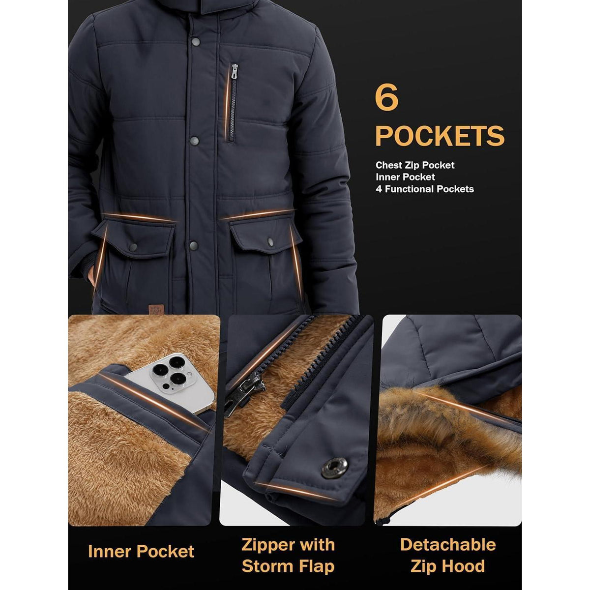 Herren Winter Parka mit abnehmbarer Kapuze, warm gefüttert, dunkelgrau 3XL