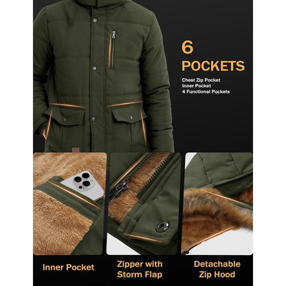 Herren Winter Parka mit abnehmbarer Kapuze, warm gefüttert, wasserabweisend
