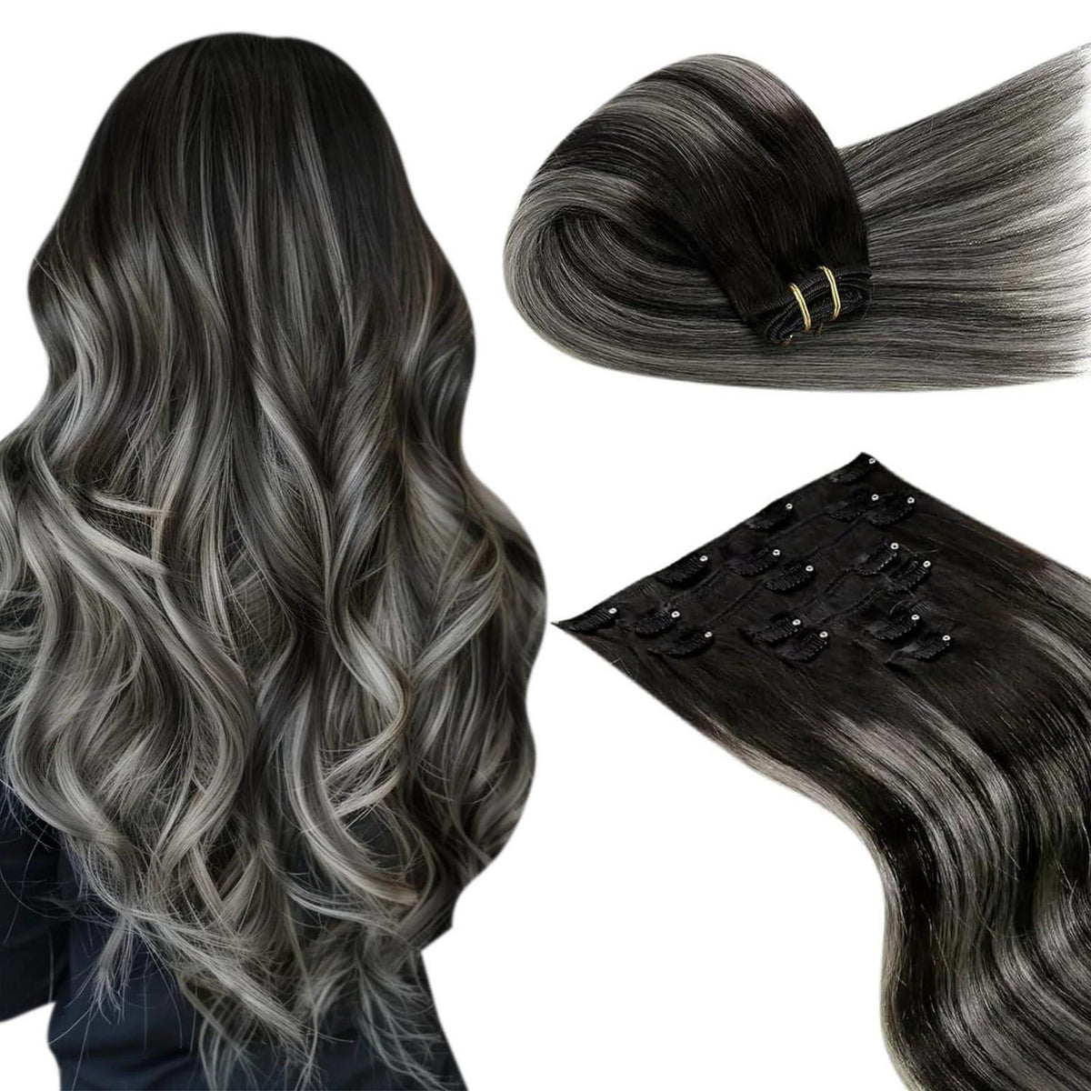 Clip-in Haarverlängerung Ombre Schwarz Silber Echthaar