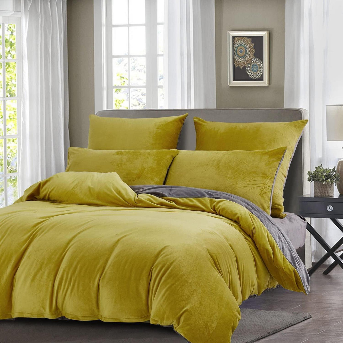 Fleece Bettwäsche Set 135x200 - Warm & Flauschig Gelb-Grau