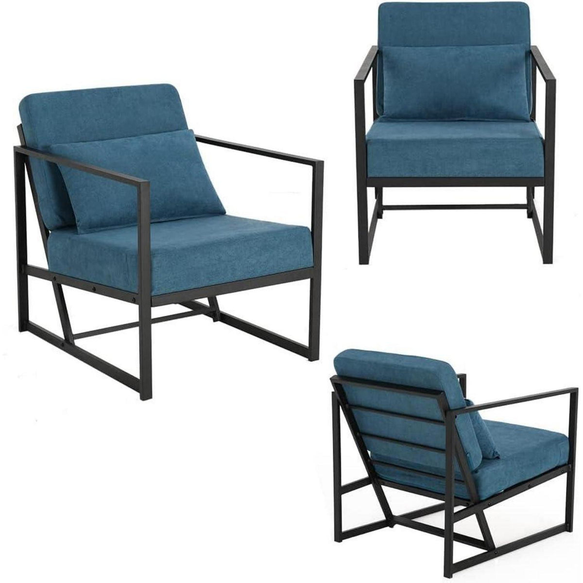 Blauer Leinen Loungesessel 2er Set mit Eisengestell