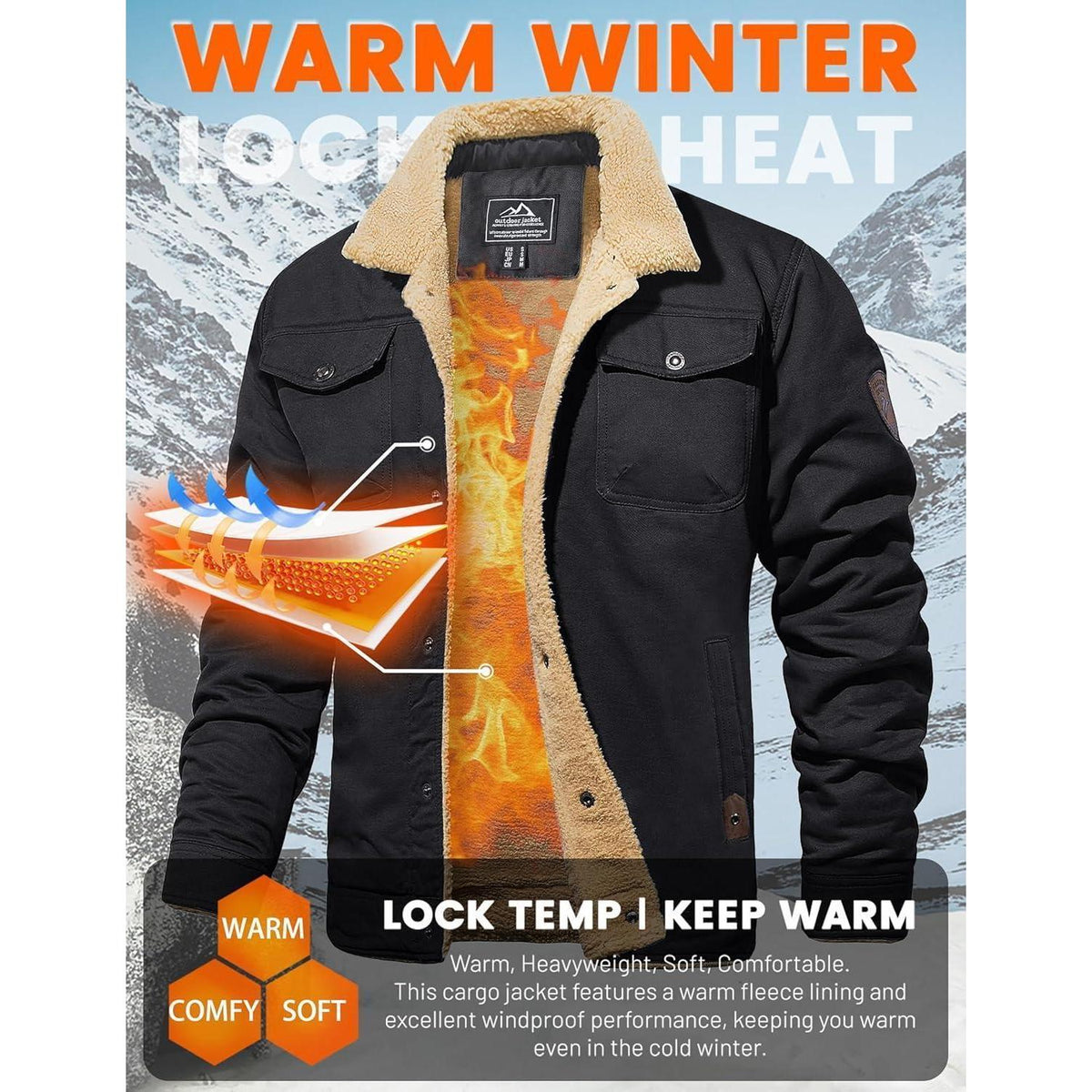 Herren Fleecejacke Winterparka mit 5 Taschen – Schwarz 3XL