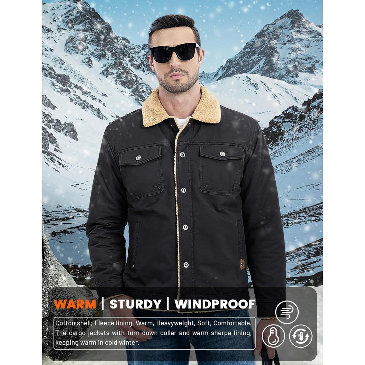 Herren Fleecejacke Winterparka mit 5 Taschen – Schwarz XL