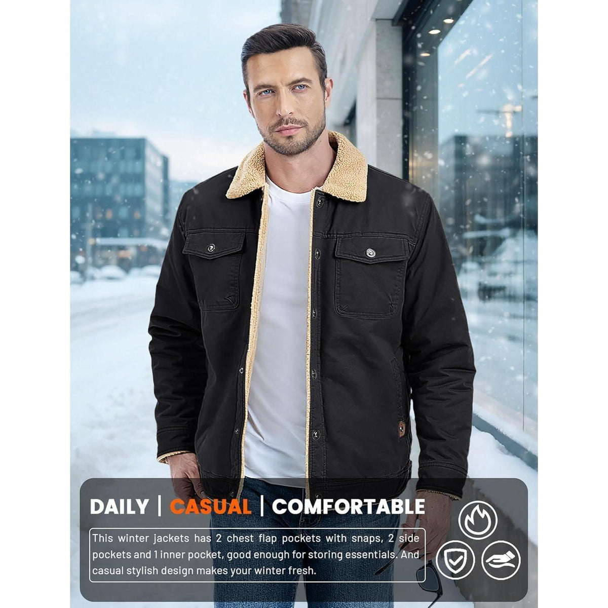 Herren Fleecejacke Winterparka mit 5 Taschen – Schwarz XL