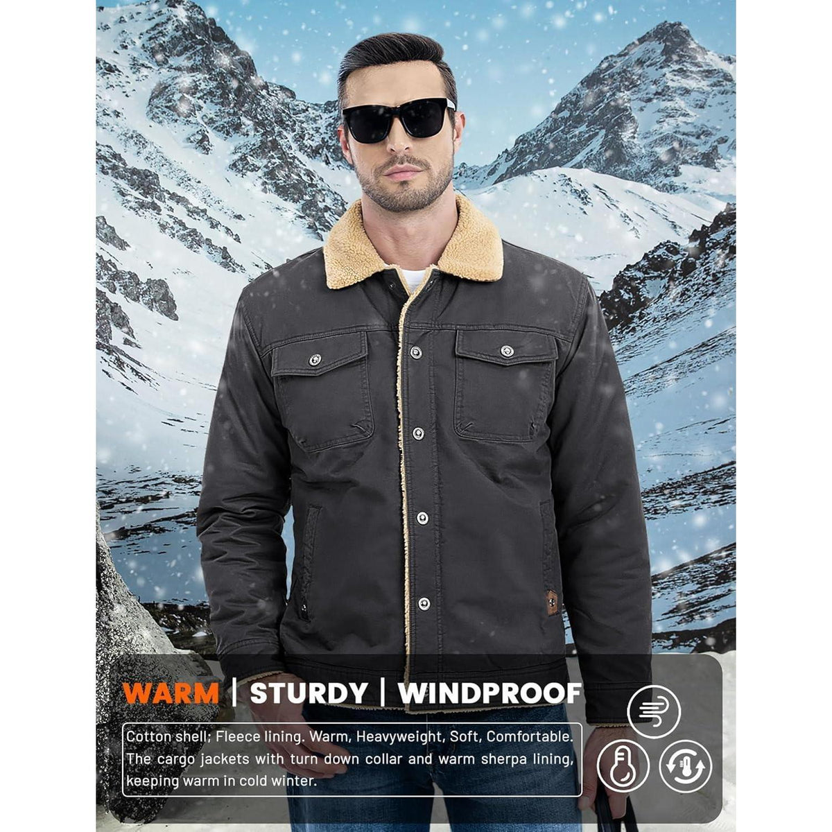 Herren Fleecejacke Winterparka mit 5 Taschen – Dunkelgrau