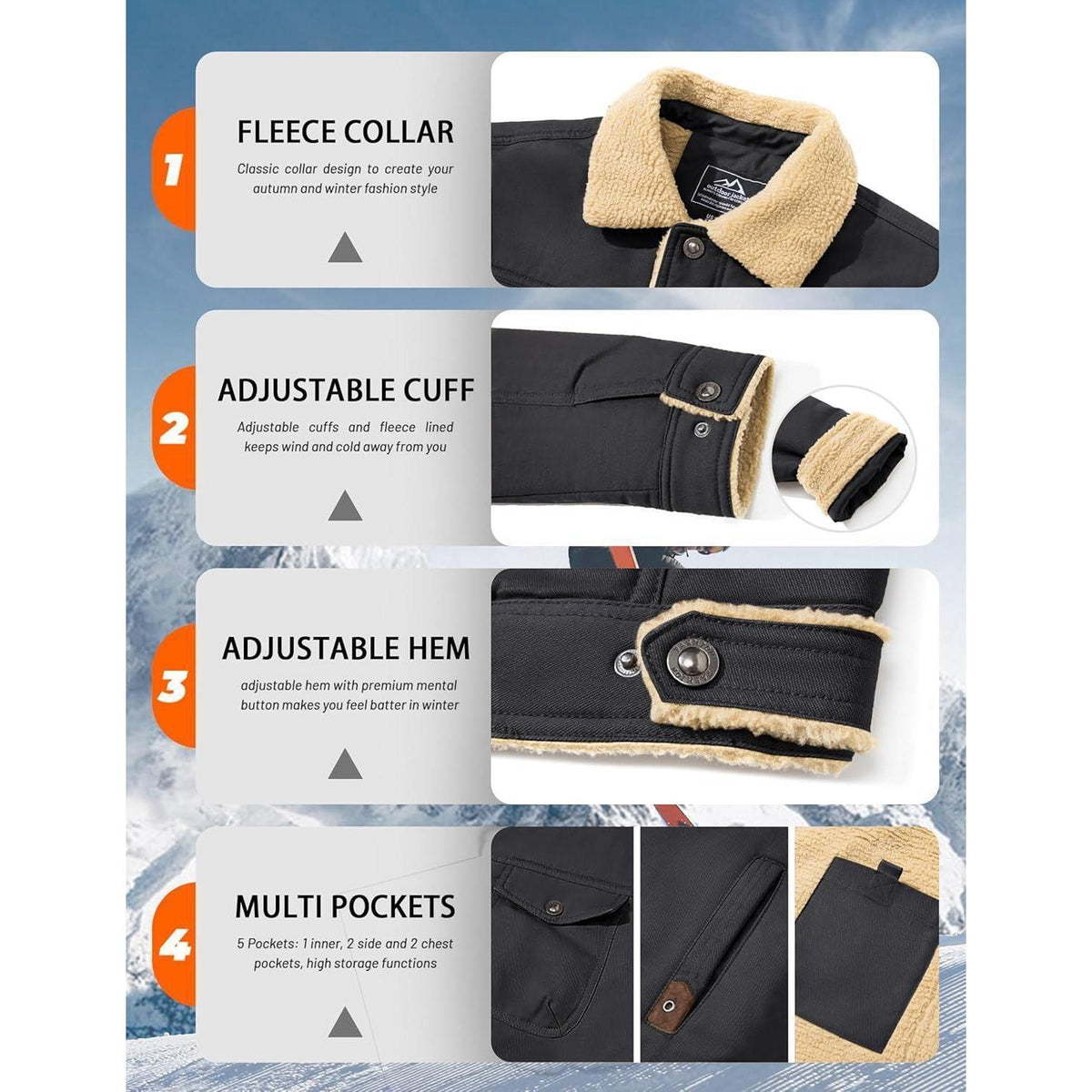Herren Fleecejacke Winterparka mit 5 Taschen – Dunkelgrau