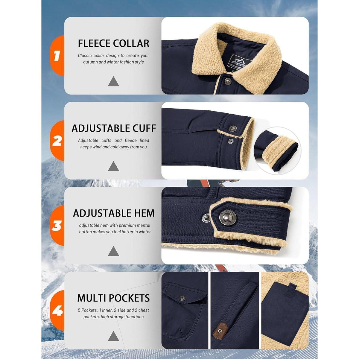 Herren Fleecejacke Winterparka Dunkelblau mit 5 Taschen