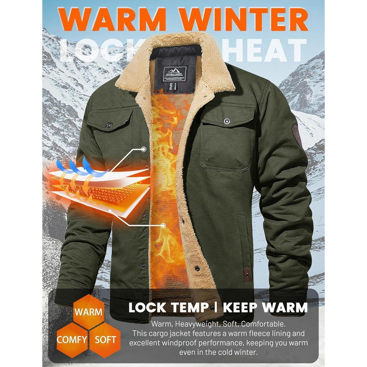 Herren Fleecejacke Winterparka mit 5 Taschen – Armeegrün