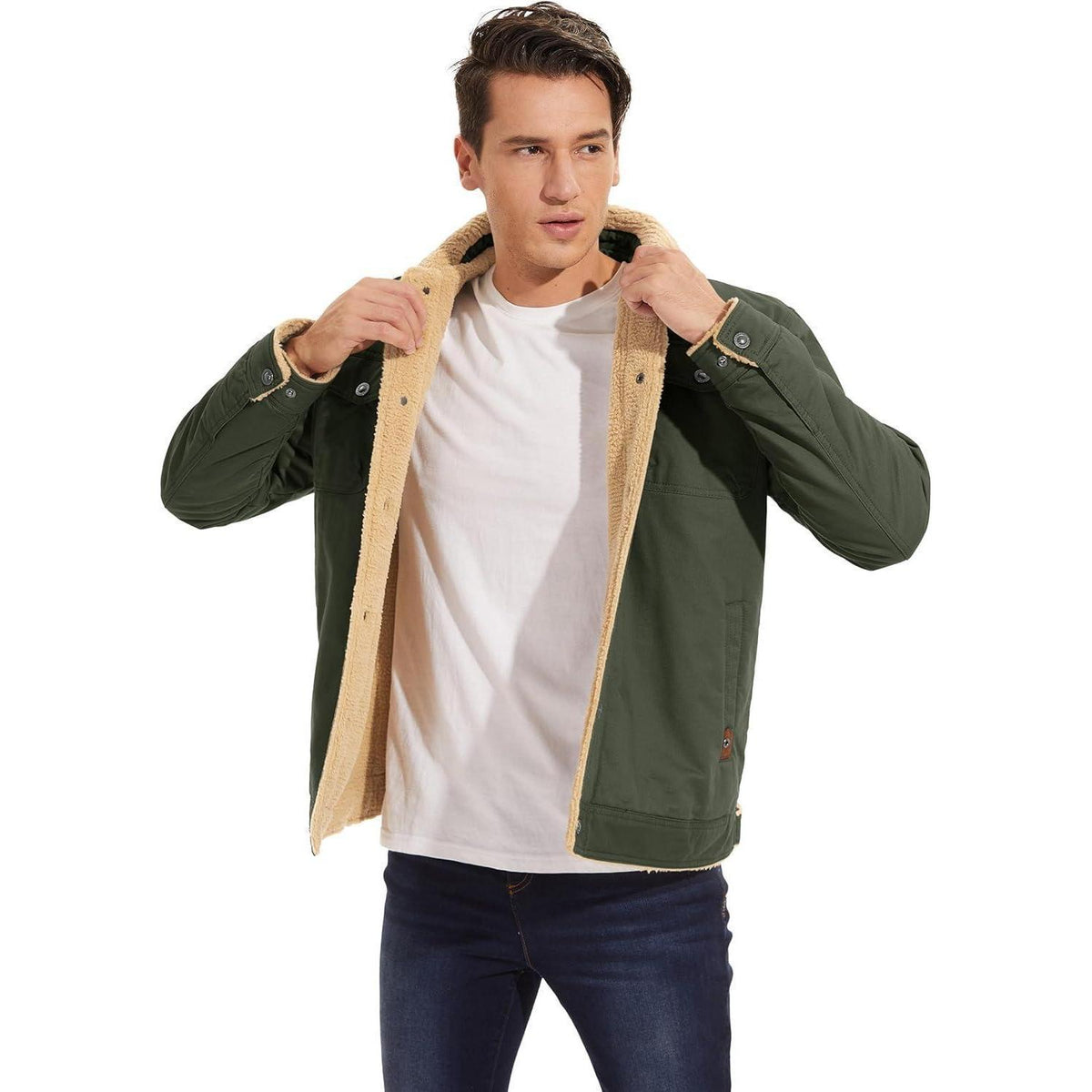 Herren Fleecejacke Winterparka mit 5 Taschen – Armeegrün