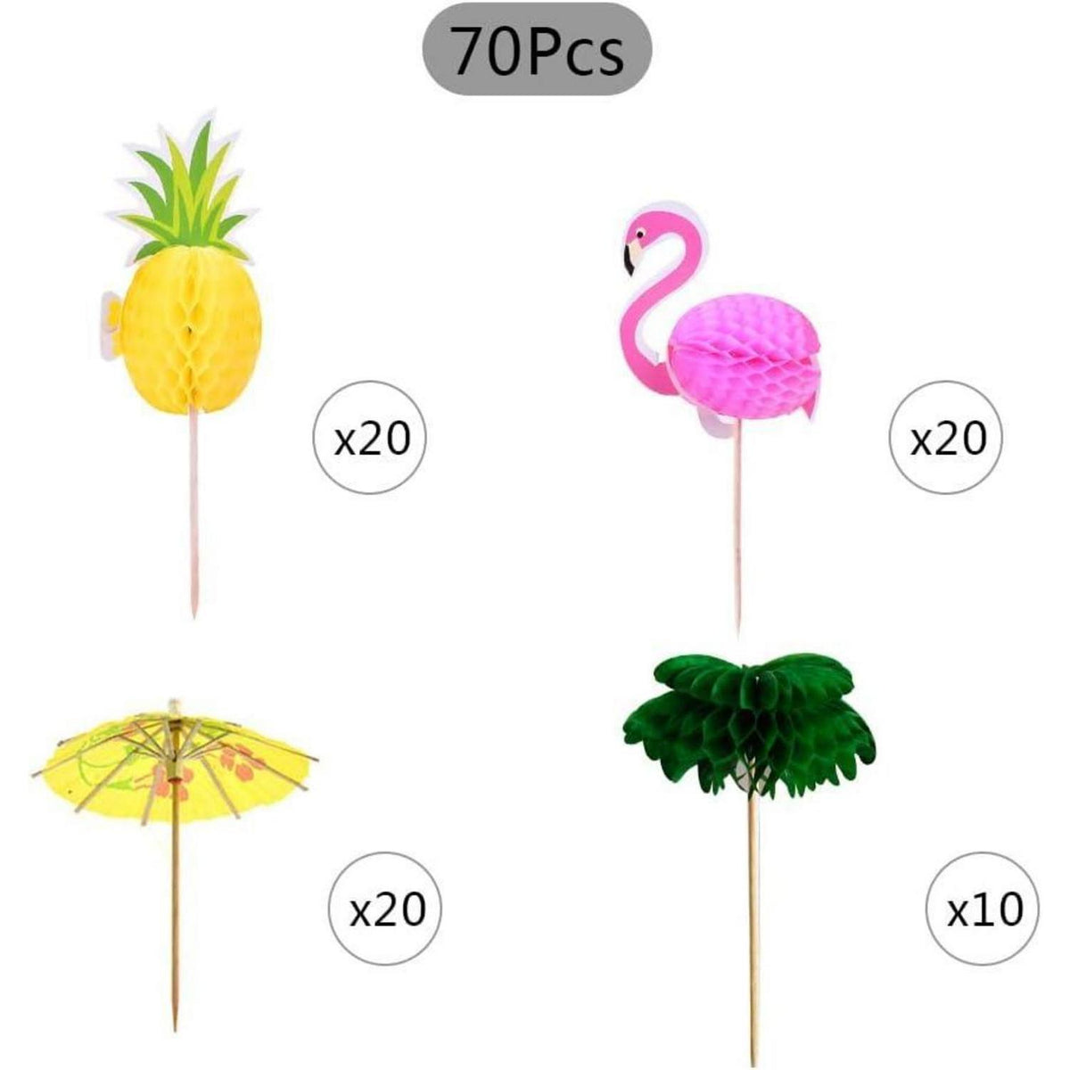 70 Cocktailspieße mit Flamingo, Ananas & Palme für Partys