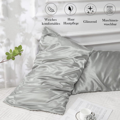 Satin Kissenbezug 2er Set 40x80 Grau mit Haargummis - Hautpflege