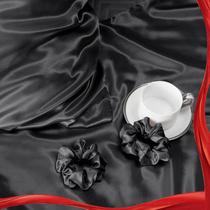 Satin Kissenbezüge 40x80 Schwarz 2er Set Haargummis inklusive