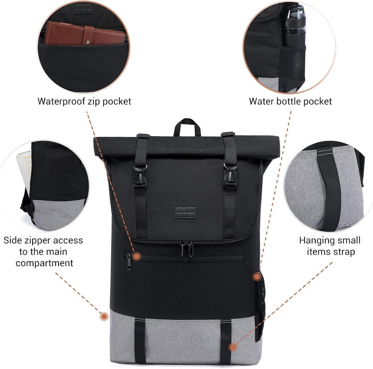 LOVEVOOK 17,3 Zoll Laptop Rucksack Rolltop Schulrucksack Wasserdicht Uni Schwarz Grau